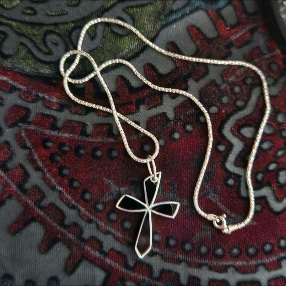 Cross Pendant Necklace Black Onyx 925 Sterling Silver